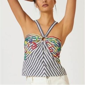 TINY brand Rainbow Embroidered Bejeweled Avril Cotton Halter Top LARGE